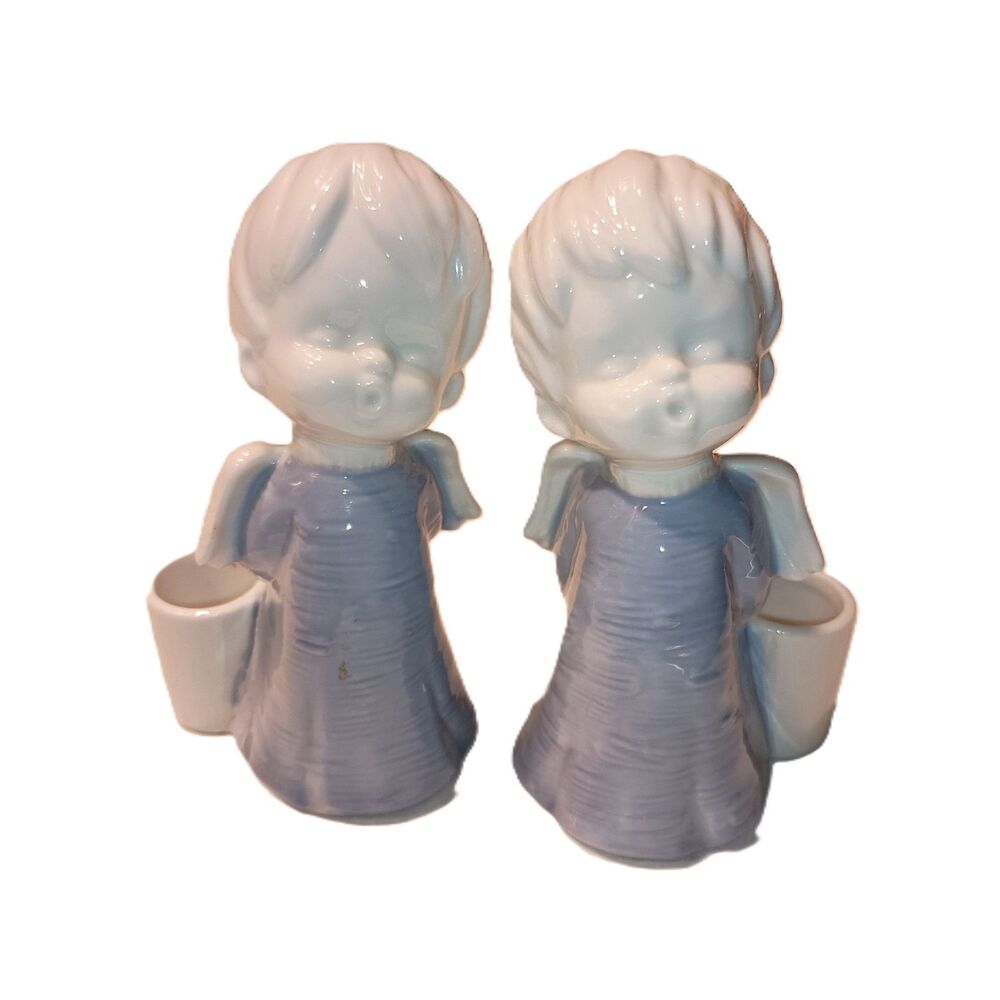 Vintage Blue Singing Angels (Boy) Ceramic Bud Vases or Candle Holders (Set of 2)
